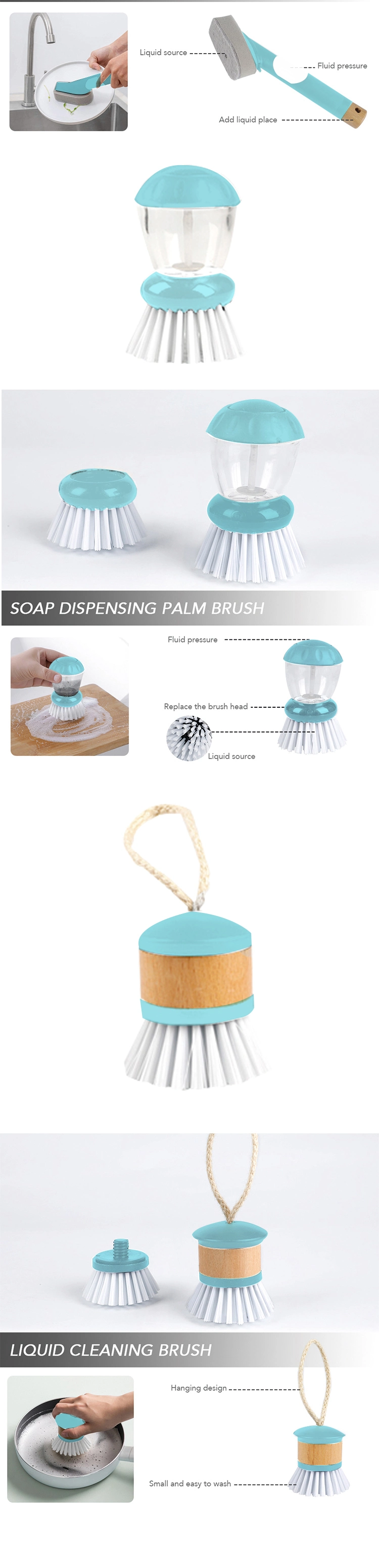 Kitchen Cleaning Tools Long Handle Kitchen Soap Dispenser Cleaning Brushes Set with Removable Dish Brush Head Sponge